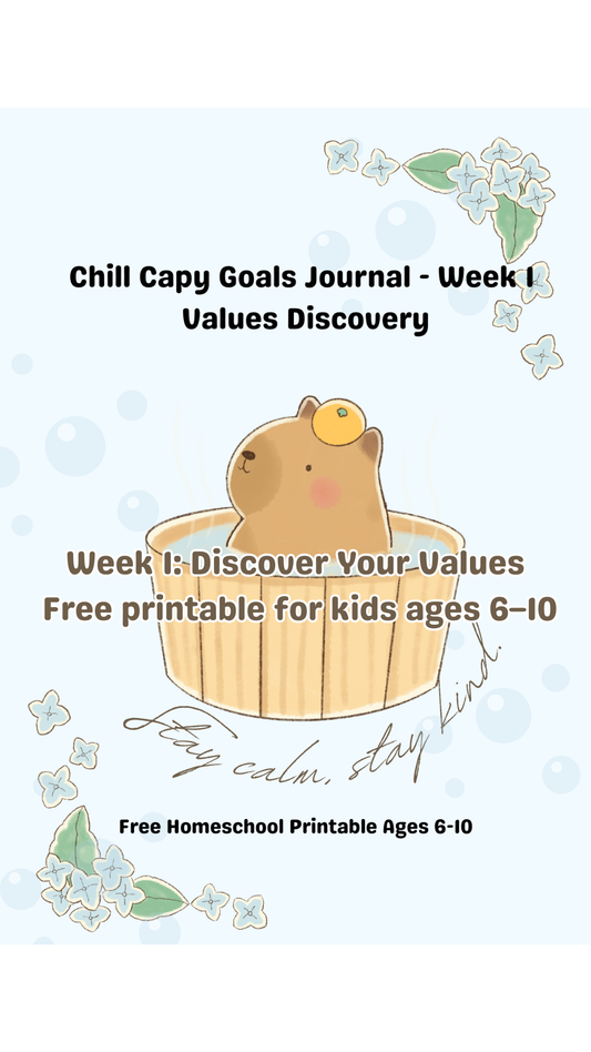 Chill Capy Goals Journal Week 1 reel for kids ages 6–10. Shows Chill Capy introducing himself, planting dream seeds in a garden, exploring the journal pages, and starting to notice goals. Calm, pastel illustrations of garden, sprouts, and journal pages.