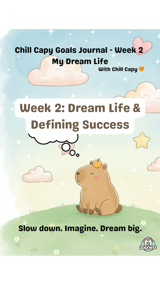 Chill Capy Goals Journal Week 2 reel for kids ages 6–10. Shows Chill Capy walking in the garden, exploring dream growth, and using journal pages to reflect on dreams. Calm, pastel illustrations with sprouts, garden, and gentle storytelling.