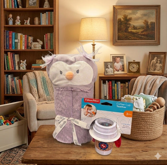 Baby Gund Hooded Blanket + Fisher-Price Coffee Cup Teether – Cozy Baby Gift Bundle