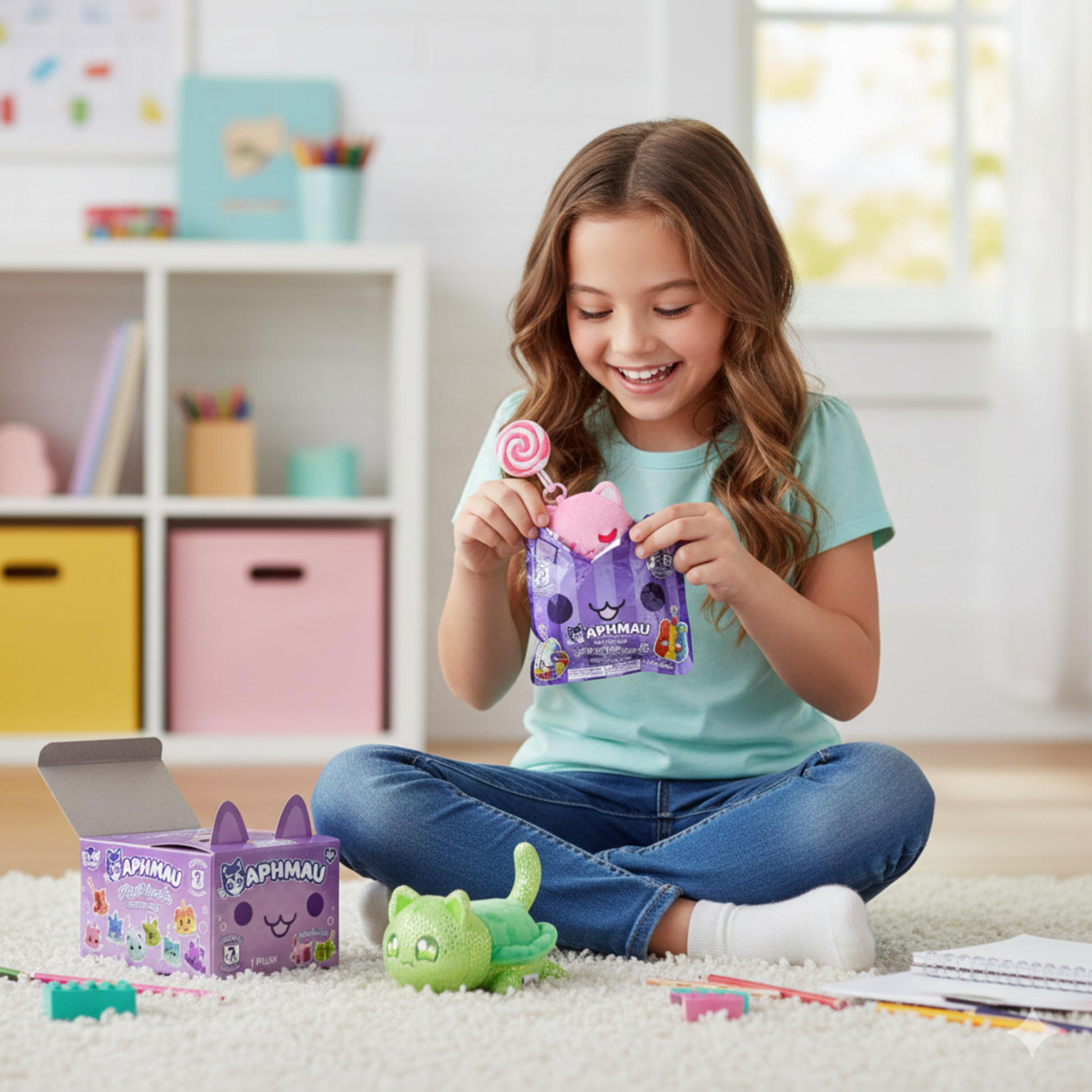 Girl playing with Aphanimal toys in a room with colorful storage boxes - KWtoyszone | Proudly Canadian
