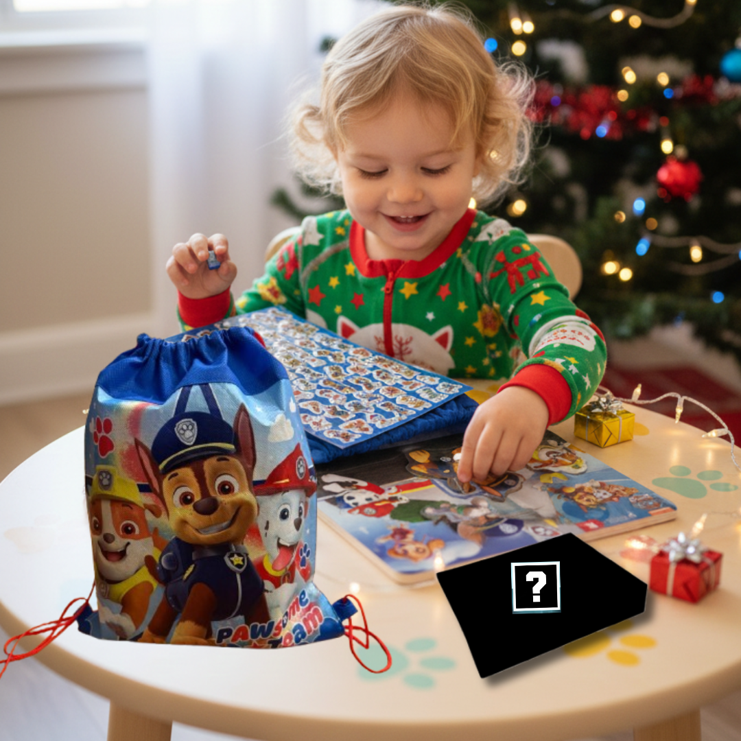 Child in festive pajamas opening a gift with a Christmas tree in the background - KWtoyszone | Proudly Canadian
